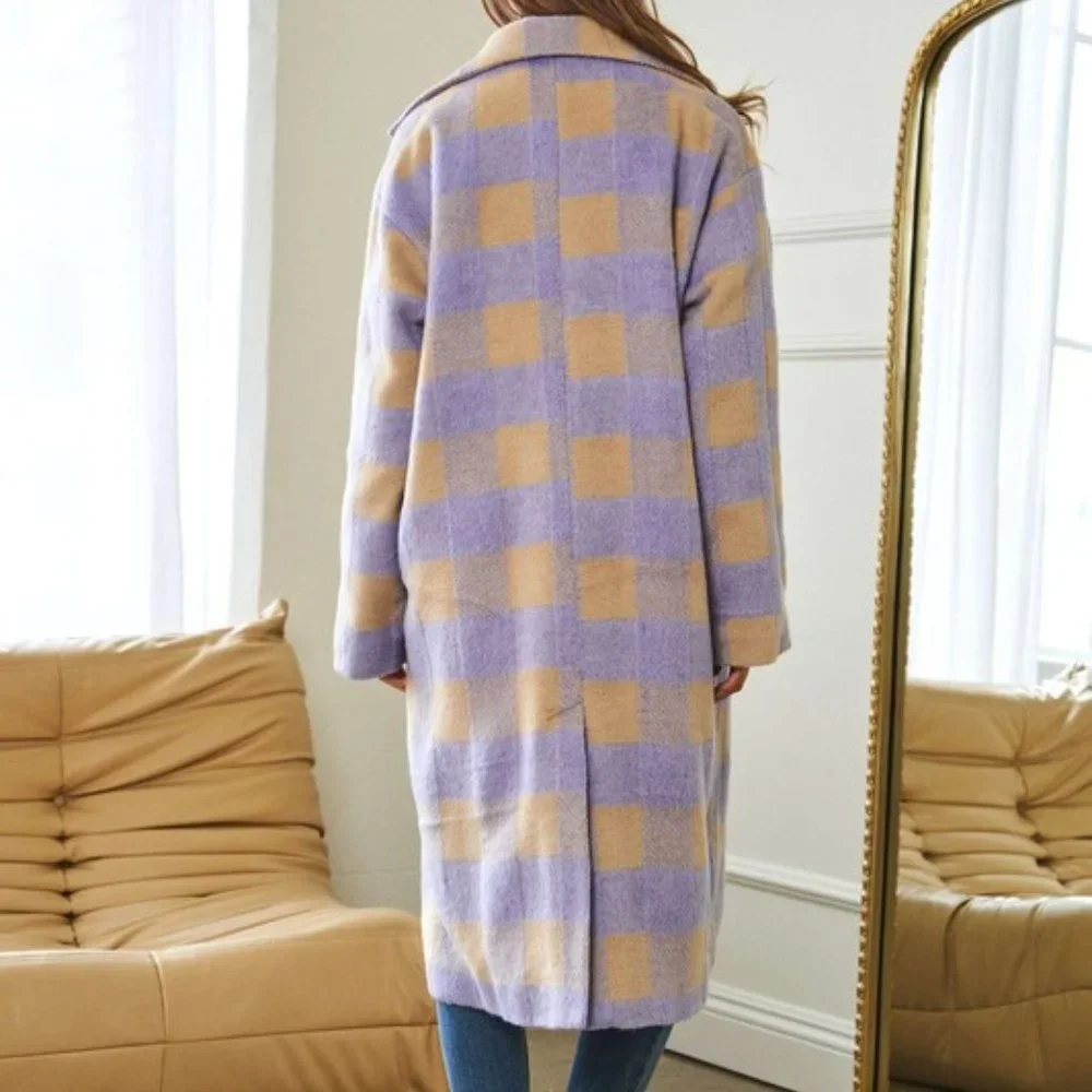 Davi & Dani Lavender Thick Multi Plaid Notched Lapel Lined Button Up Long Coat - Picture 4 of 4